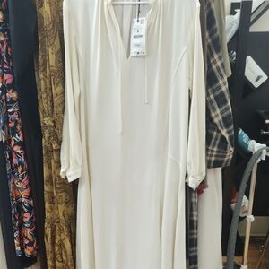 Zara Cream Long Sleeve Tie-Neck Dress